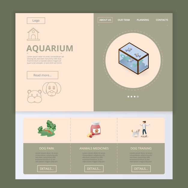 Szablon witryny internetowej z płaską stroną docelową akwarium dla zwierząt w parku dla psów