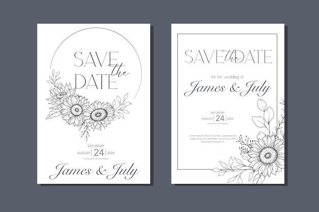 Plik wektorowy szablon zaproszeń ślubnych line art sunflowers outline sunflowers minimalist wedding stationery