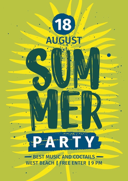 Plik wektorowy szablon zaproszenia, ogłoszenia lub ulotki summer party z napisem na tle liści palmy tropikalnej na zielonym tle. ilustracja wektorowa do promocji sezonowych imprez plenerowych