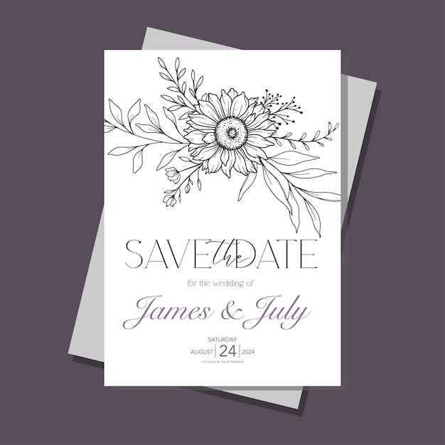 Plik wektorowy szablon zaproszenia ślubnego line art sunflowers outline sunflowers minimalist wedding invite