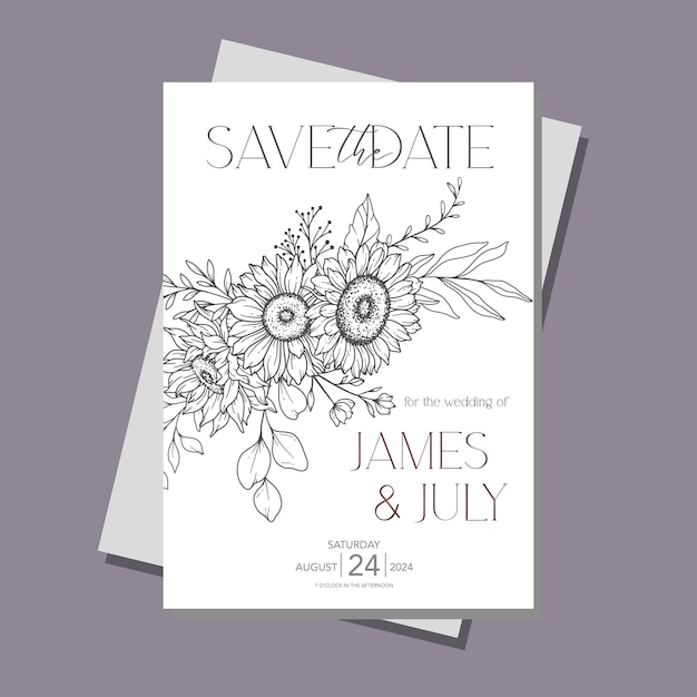 Szablon zaproszenia ślubnego Line Art Sunflowers Outline Sunflowers Minimalist Wedding Invite