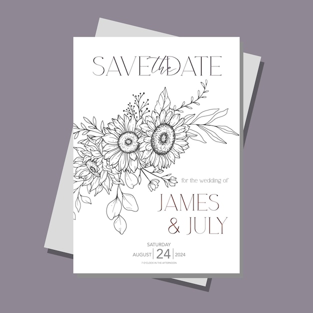 Szablon Zaproszenia ślubnego Line Art Sunflowers Outline Sunflowers Minimalist Wedding Invite