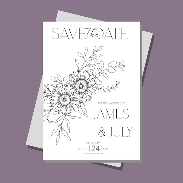 Szablon Zaproszenia ślubnego Line Art Sunflowers Outline Sunflowers Minimalist Wedding Invite