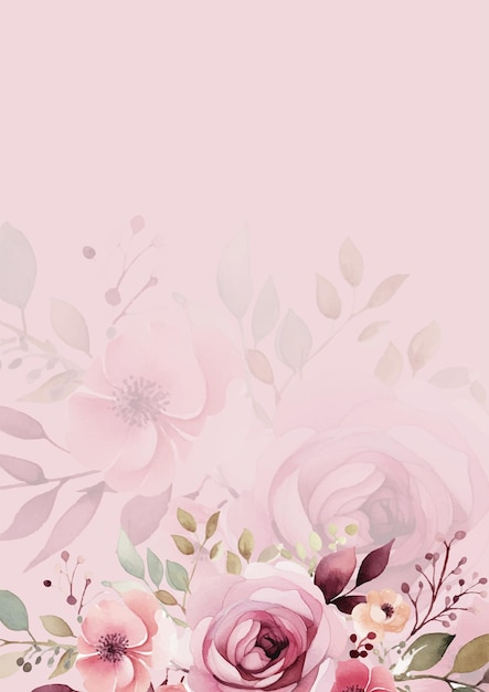 Plik wektorowy szablon zaproszenia z różowym i fioletowym wieńcem na tle z florą i kwiatem