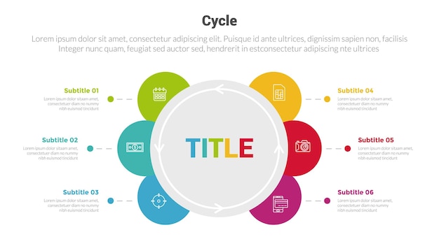 Szablonowy Schemat Infografiki Cyklu Lub Cykli Z Dużym Okręgiem I Okrągłym Kształtem Oraz Kreatywnym Projektem Sześciopunktowym Dla Prezentacji Slajdów