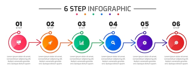 Szablony projektów elementów infografiki z ikonami i 6 krokami odpowiednie dla schematu blokowego prezentacji