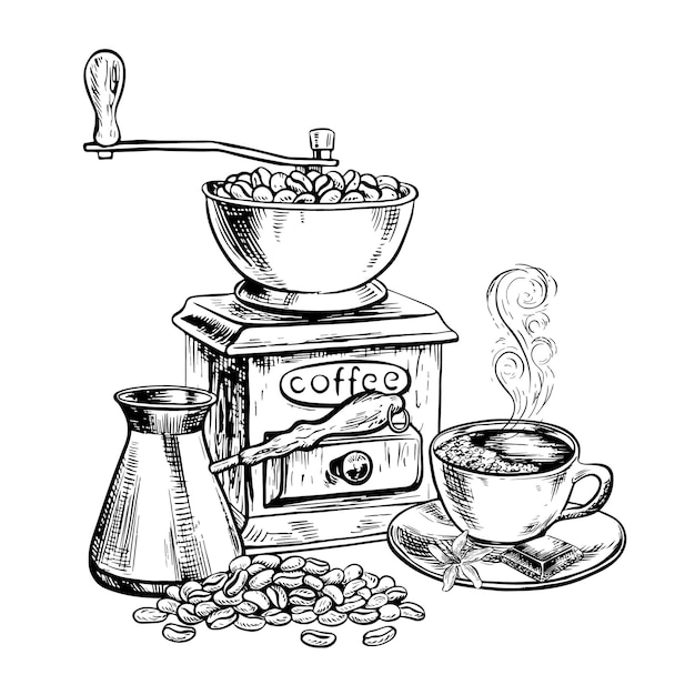 Szafa z młynem do kawy, autom do kawy i filiżanką kawy Ilustracja graficzna wektorowa