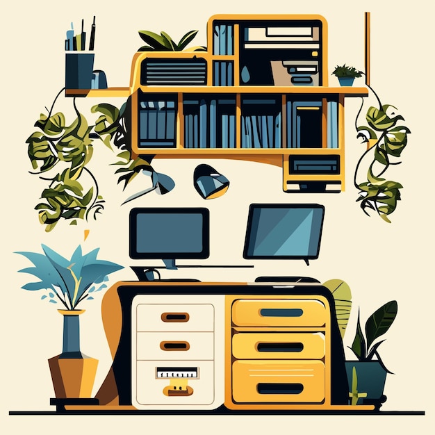 Plik wektorowy szafka z komputerem i wiszącymi roślinami, długopisem i książkami, ręcznie rysowana koncepcja na białym tle ilustracja