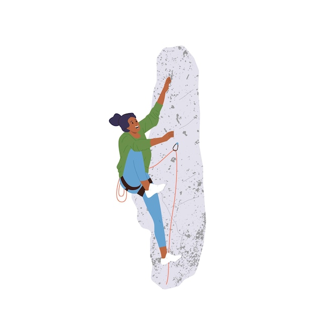 Plik wektorowy szalona kobieta wspina się postać wspinająca się na górski klif skalny przekazująca linę bezpieczeństwa izolowaną na białym tle ilustracja wektorowa kobiety wspinaczki cieszącej się ekstremalną aktywnością sportową
