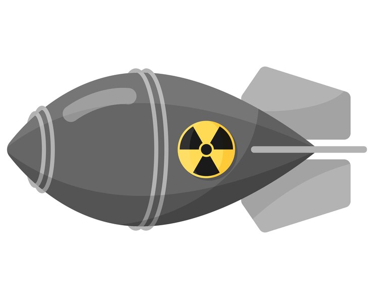 Wektor szara bomba nuklearna lub atomowa lub głowica z ikoną znak promieniowania. broń masowego rażenia. koncepcja wojskowa dla armii i wojny. ilustracja kreskówka na białym tle wektor.