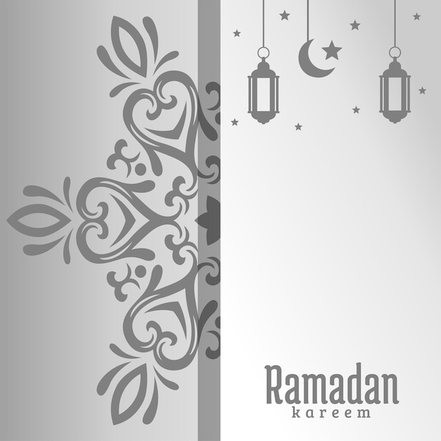 Plik wektorowy szaro-biała kartka ze srebrnym wzorem z napisem ramadan.