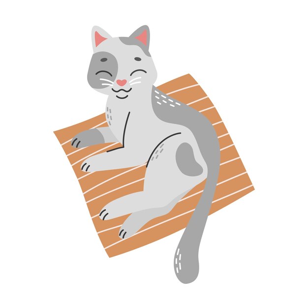 Plik wektorowy szary kot leży na matce śpiącymi zwierzętami płaska ilustracja wektorowa z kreskówki izolowana na białym tle