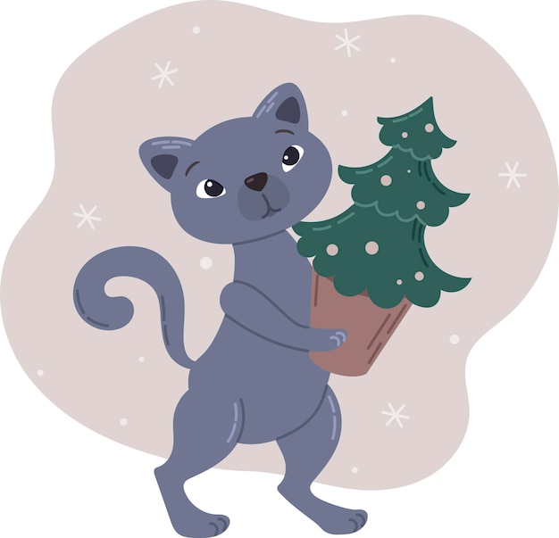 Szary kot niesie choinkę ilustrację wektorową kartkę świąteczną