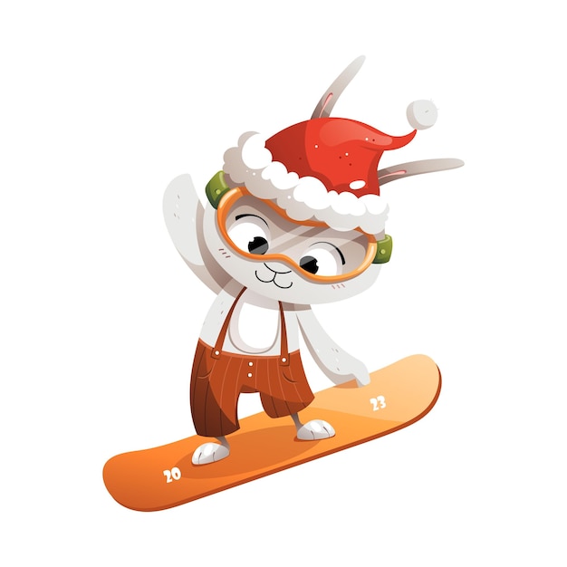 Szary kreskówka królik w świątecznym kapeluszu, jazda na snowboardzie ilustracji wektorowych