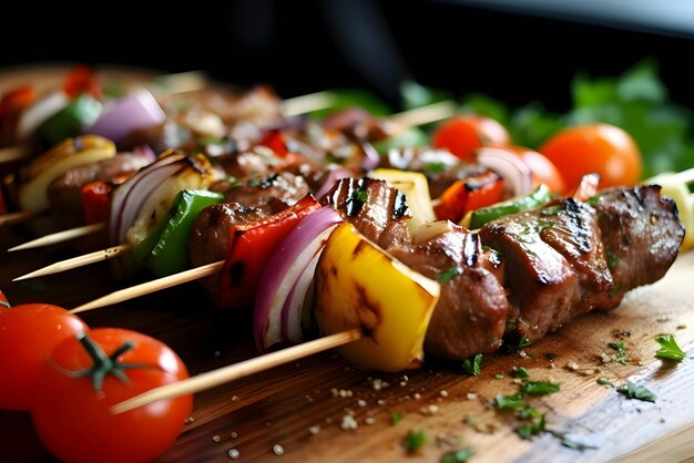 Plik wektorowy szaszłyk na grillu mięso z grilla z warzywami szaszłyk szaszłyk na szaszłykach drewniana deska kuchenna