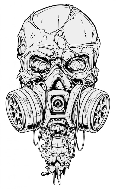 Szczegółowa graficzna ludzka czaszka z maską gazową