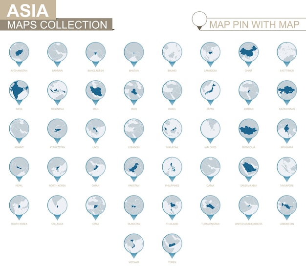 Szczegółowa kolekcja map krajów azjatyckich niebieska mapa pin z mapą kraju