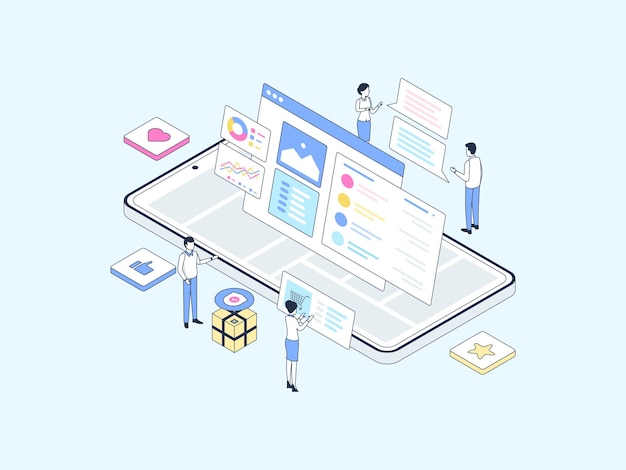 Szczegółowy produkt na mobilnej ilustracji izometrycznej kolor liniowy. Nadaje się do aplikacji mobilnych, stron internetowych, banerów, diagramów, infografik i innych zasobów graficznych.