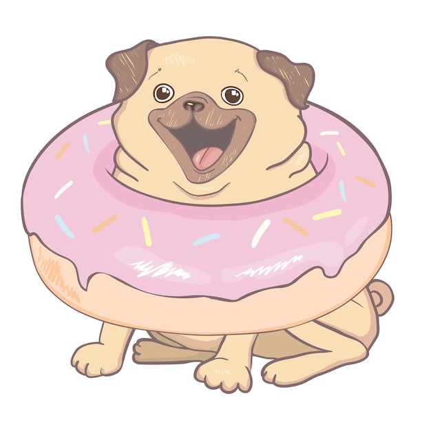 Szczeniak Pug z różowym pączkiem Miłość jest słodka cytowanie litery Humor kompozycja koszulki plakat ręcznie narysowany druk wektorowy ilustracja