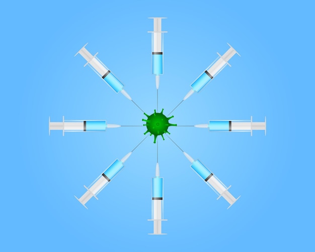 Plik wektorowy szczepienie przeciwko koncepcji koronawirusa z cząsteczką wirusa strzykawki w kole