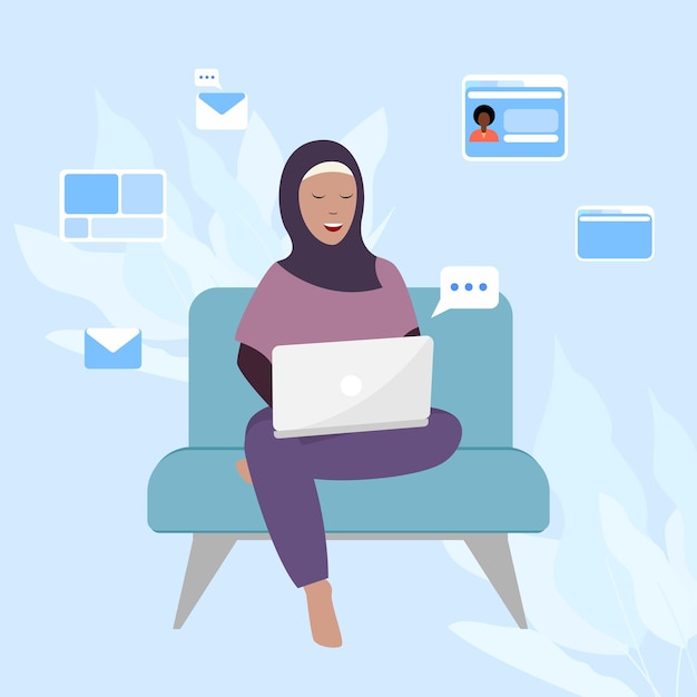 Szczęśliwa Dorosła Kobieta W Hidżabie Siedzi W Fotelu Z Ilustracją Wektorową Płaskiego Laptopa