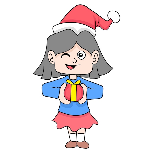 Szczęśliwa Dziewczyna Otrzymująca Prezenty świąteczne Doodle Obraz Ikony Kawaii
