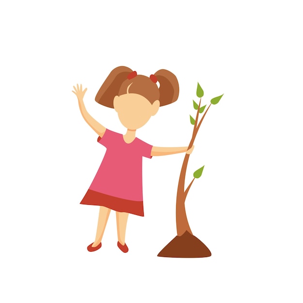 Plik wektorowy szczęśliwa dziewczyna sadząc drzewo koncepcja ekologii i środowiska