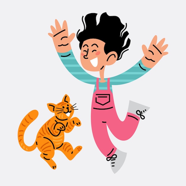Plik wektorowy szczęśliwa dziewczyna skacze ze swoim kotem ilustracji wektorowych