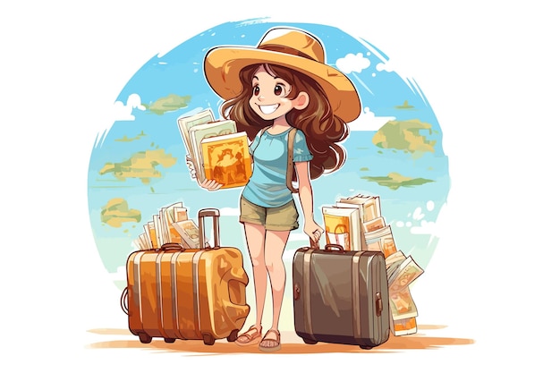 Plik wektorowy szczęśliwa dziewczyna w słomkowym kapeluszu z bagażem i biletami lotniczymi na letnie wakacje kreskówka płaskie graficzne ilustracje wektorowe izolowane na białym tle