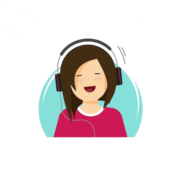 Szczęśliwa Dziewczyna W Słuchawkach Słuchania Muzyki I Uśmiechnięta Ilustracja Wektorowa W Płaski Kreskówka