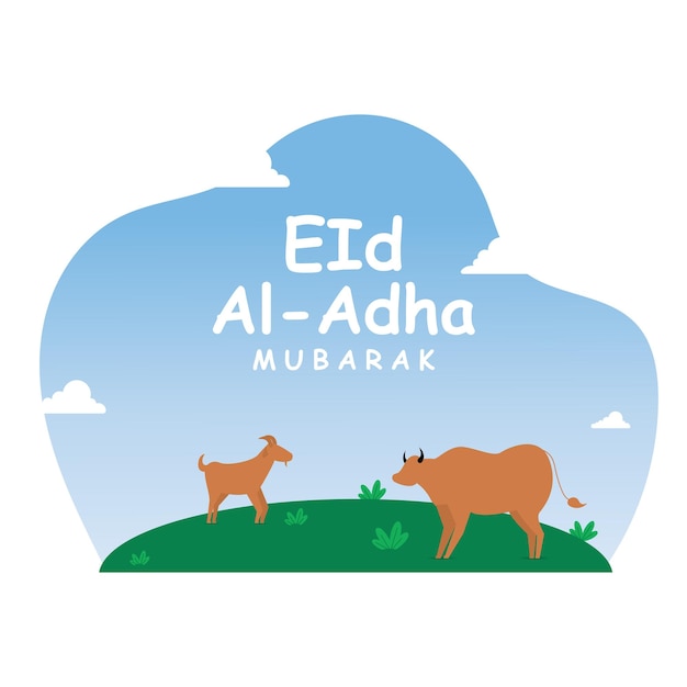 szczęśliwa ilustracja eid al Adha z kozami, owcami, krowami i wielbłądem