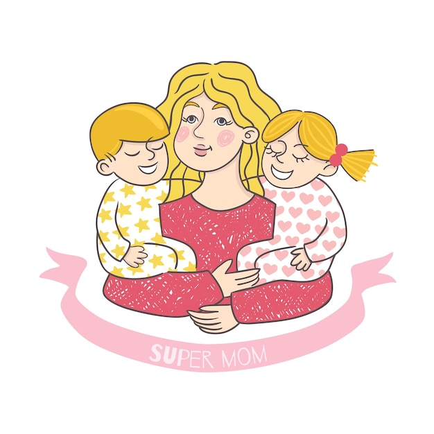 Szczęśliwa karta dzień matki z bajkami. Ilustracja wektorowa super mama