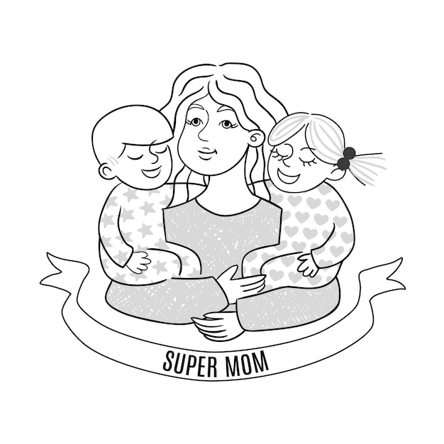 Szczęśliwa Karta Dzień Matki Z Bajki Czarno-białe. Ilustracja Wektorowa Super Mama