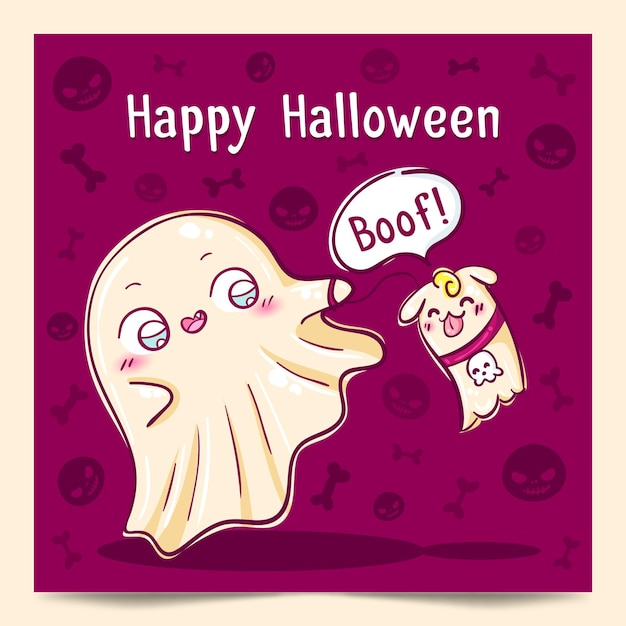 Szczęśliwa Karta Halloween Z Duchem I Psem Z Tłem Czaszek I Kości