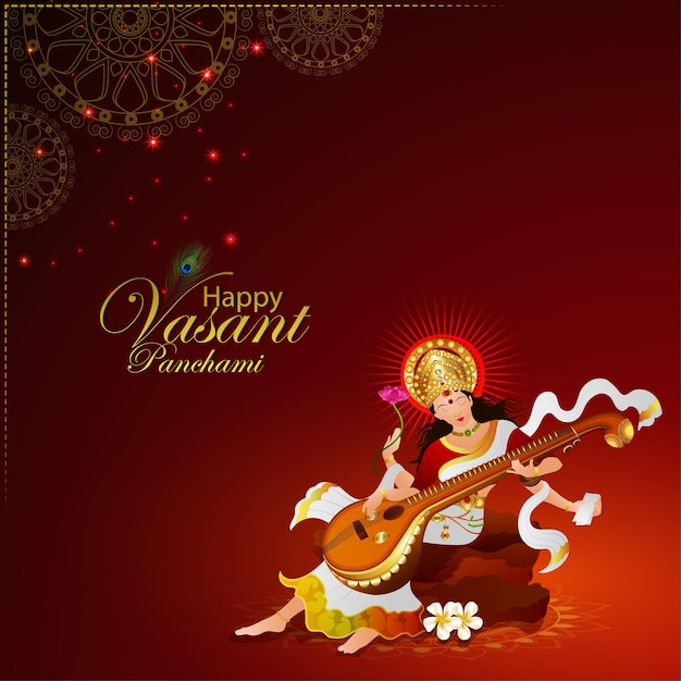 Szczęśliwa karta Vasant Panchami z boginią Saraswati