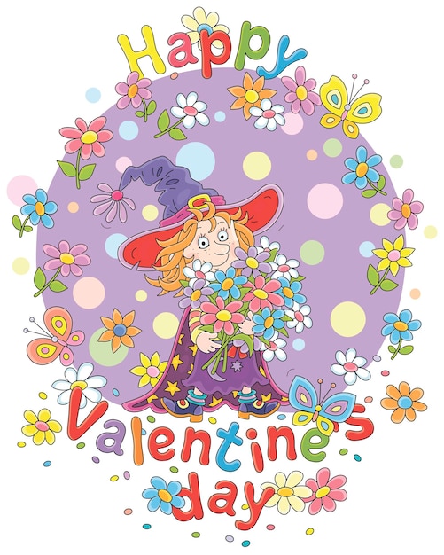 Szczęśliwa Karta Walentynkowa Z Małą Czarownicą, Wesołymi Motylami I Bukietem Kolorowych Kwiatów