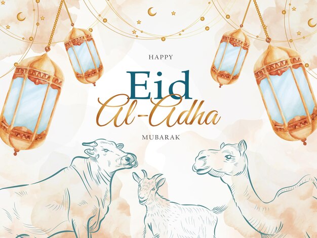 Szczęśliwa kartka z życzeniami eid al adha z szablonem qurban akwareli latarni zwierząt