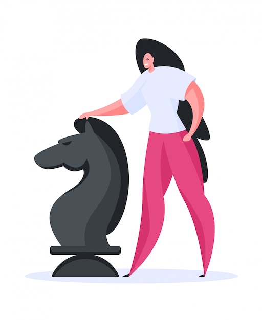 Plik wektorowy szczęśliwa kobieta gra w szachy. płaska ilustracja