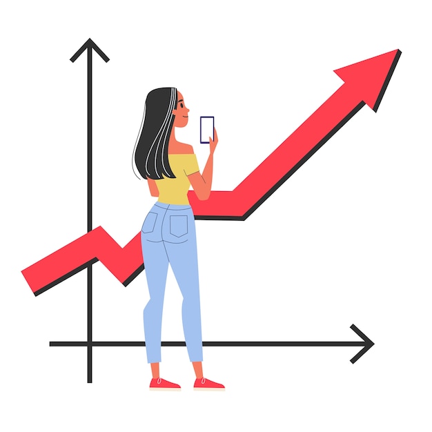 Plik wektorowy szczęśliwa kobieta stojąca na wykresie skierowaną w górę. idea rozwoju biznesu i analizy finansowej. ilustracja