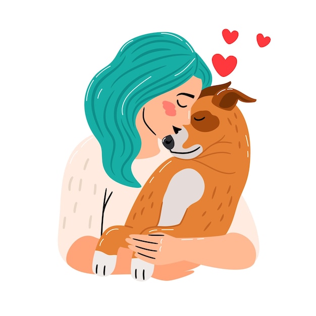 Szczęśliwa kobieta uściska psa Ilustracja o miłości właścicieli zwierząt
