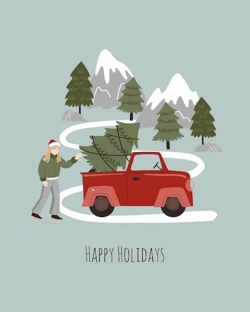 Szczęśliwa Kobieta W Ciężarówce Santa Hat Z Choinką I Zimowym Krajobrazem Edukacyjny Film Animowany Do Druku Kart Plakatowych