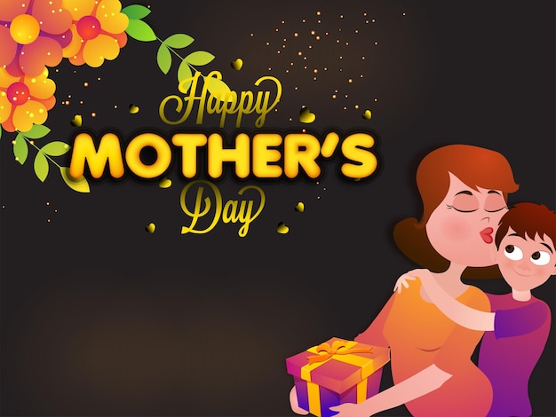 Szczęśliwa Koncepcja Dnia Matki Z Nowoczesną Młodą Damą Całującą Swoje Dziecko I Kwiatowym Na Tle Efektu światła Czarnego
