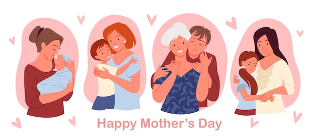 Szczęśliwa Koncepcja Dnia Matki Z Uroczymi Rodzinami Kochającymi Dziecko Z Kreskówki Syn I Córka Przytulająca Matkę