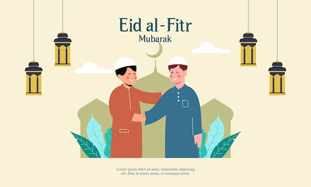Szczęśliwa koncepcja powitania eid mubarak ramadan mubarak z ilustracją postaci ludzi