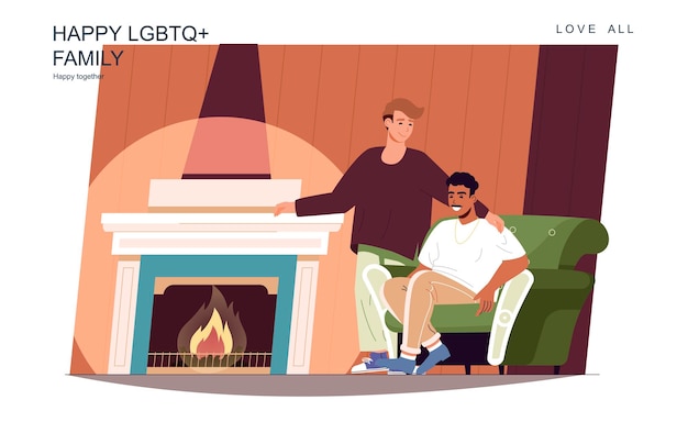 Plik wektorowy szczęśliwa koncepcja rodziny lgbt kochający mężczyźni siedzący przy kominku w salonie odpoczywają w domu