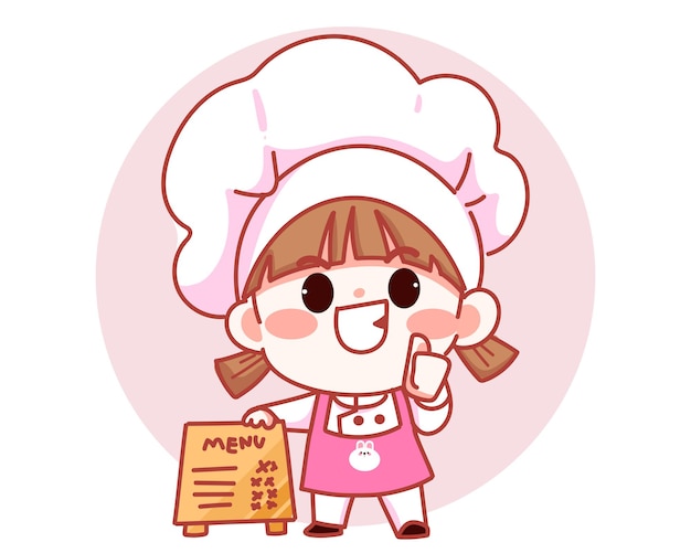 Szczęśliwa ładna dziewczyna szef kuchni stojąca z menu znak banner logo ilustracja kreskówka sztuki