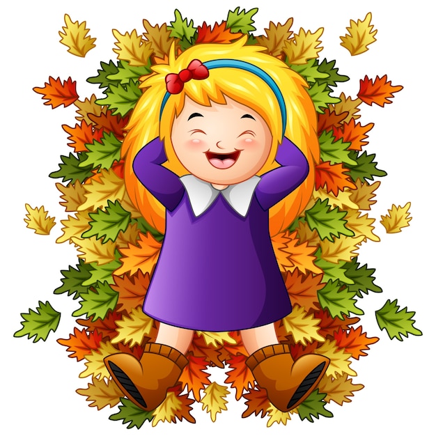 Plik wektorowy szczęśliwa mała dziewczynka bawić się z jesień liśćmi