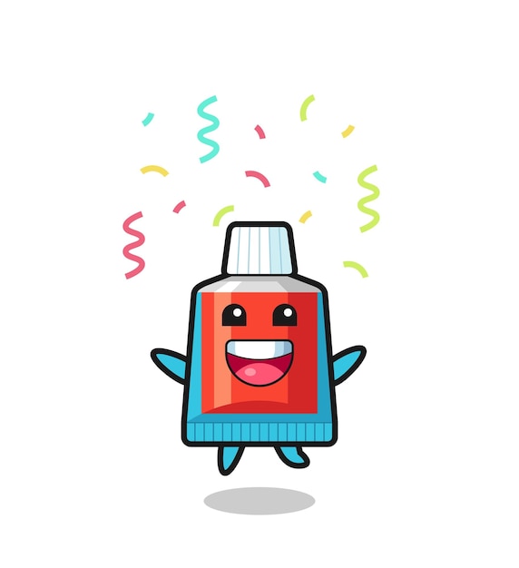 Plik wektorowy szczęśliwa maskotka skacząca pasta do zębów za gratulacje z kolorowym konfetti