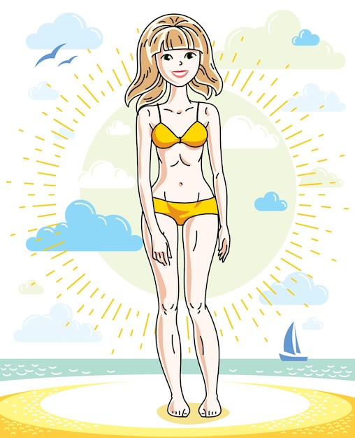 Plik wektorowy szczęśliwa młoda blond kobieta pozowanie na tropikalnej plaży i noszenie stroju kąpielowego. atrakcyjna kobieta ilustracja wektorowa. letnie wakacje styl życia kreskówka tematu.