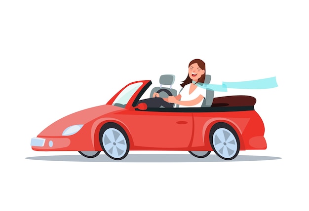 Plik wektorowy szczęśliwa młoda kobieta kierowca siedzi przejażdżki w swoim czerwonym samochodzie. podróżuj samochodem.